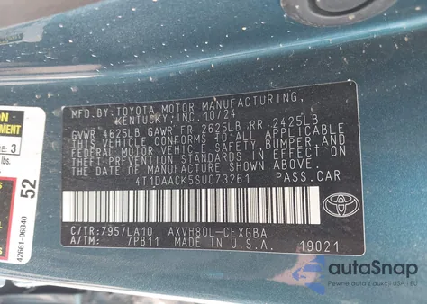 2025 Toyota Camry Xle from USA, damaged, VIN 4T1DAACK5SU073261